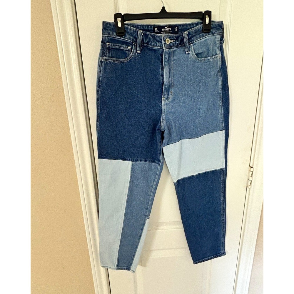 Hollister Patchwork Ultra High Rise Mom Colorblock Blue Wash Stretch Jeans Sz 29